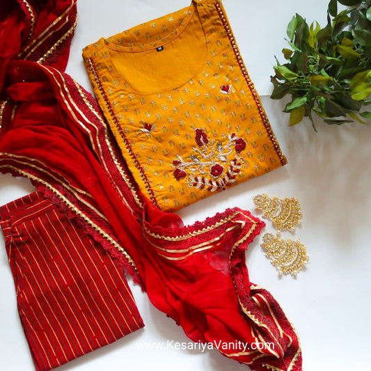 Kesariyavanity Haldi Ready Mustard-Red Suit
