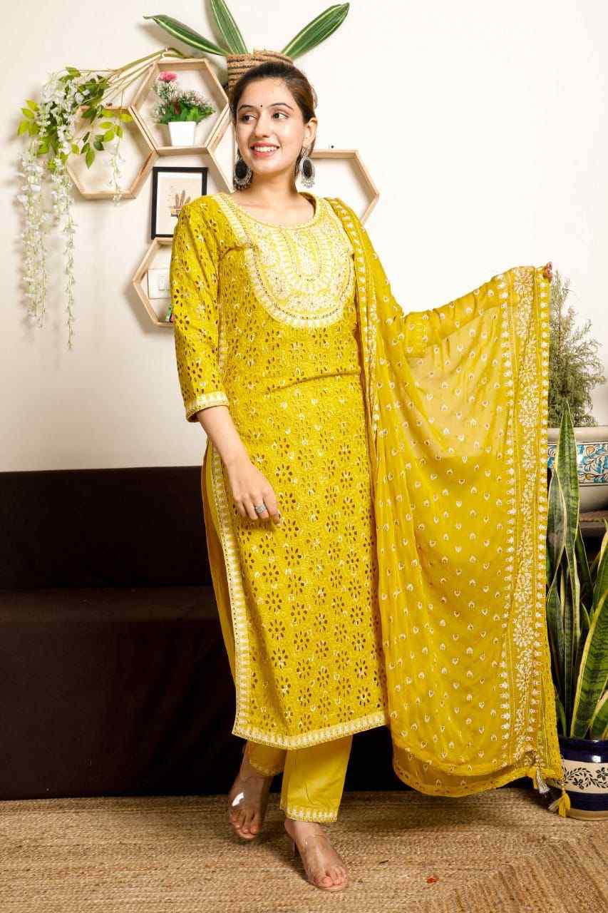 SALE: Cutwork Floral Embellished Suit Set (3 Piece)