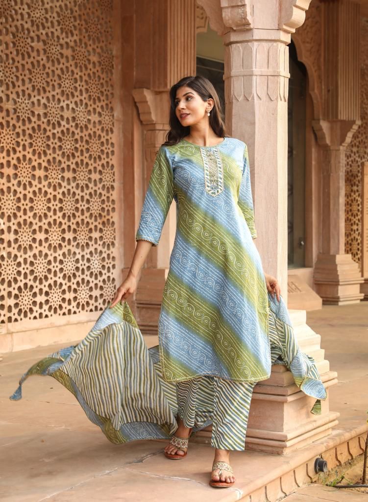 SALE: Peacock Bandhej Pure Cotton Suit -(3 piece)