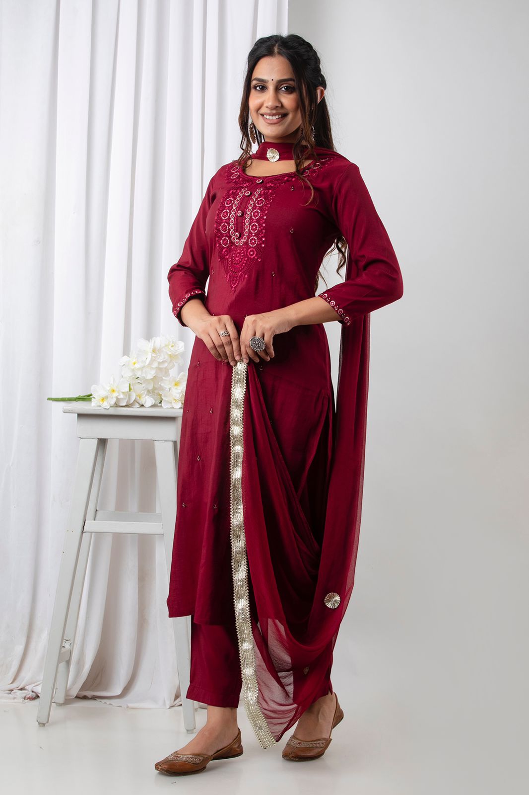 SALE: Rosewood Diwali Ready Muslin Suit Set
