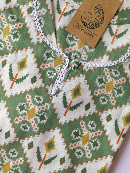 Green Pattern Cotton Kurta - XXL