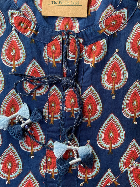 Hand Block Printed Blue-Red Cotton Kurta - XL