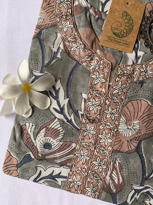 "Florentina" Grey Hand Block Printed Cotton Kurta