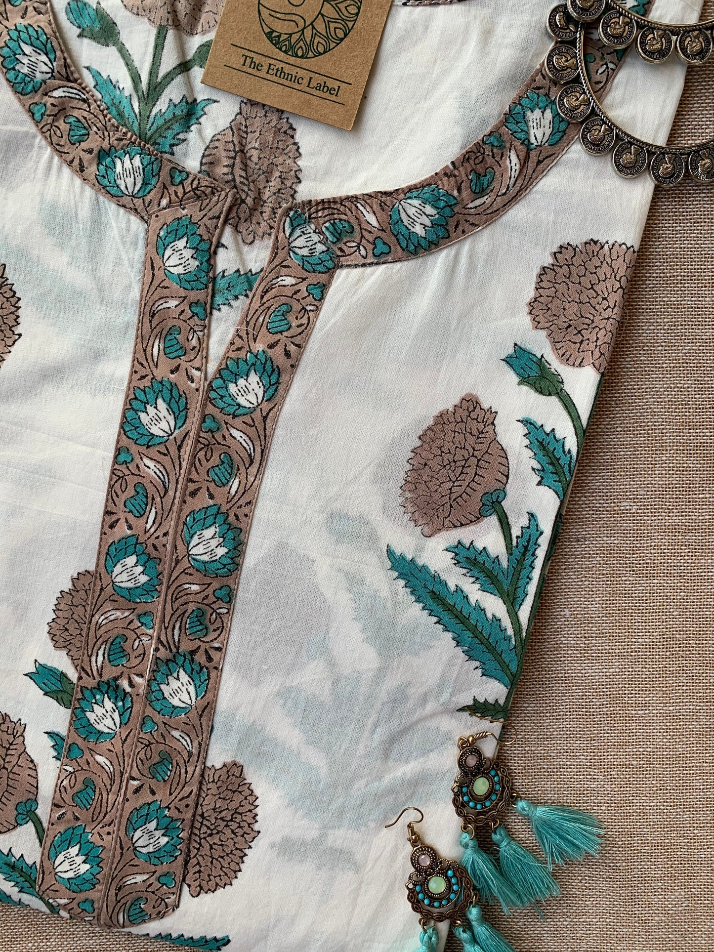 White Mughal Sea Green Boota Hand Block Printed Cotton Kurta