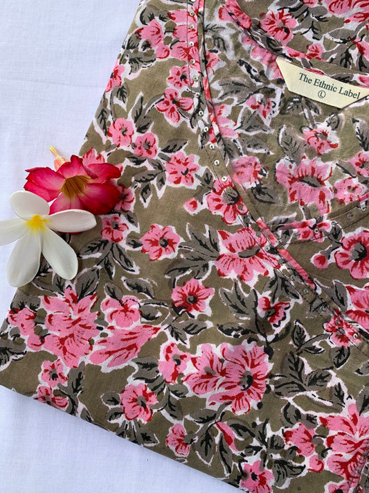 "Carnation" Olive-Pink Cotton Kurta