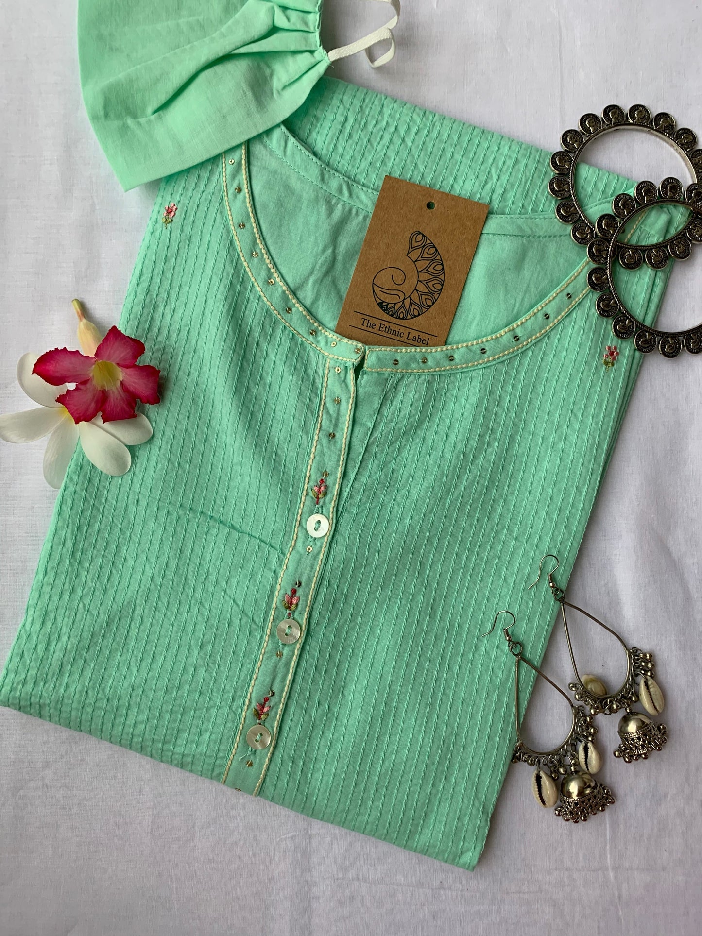 Pista-green embroiered cotton kurta