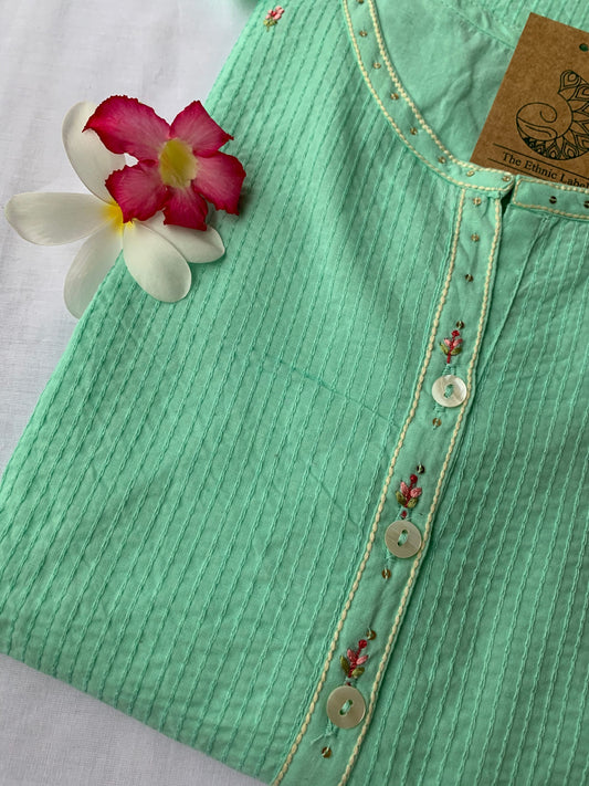 Pista-green embroiered cotton kurta