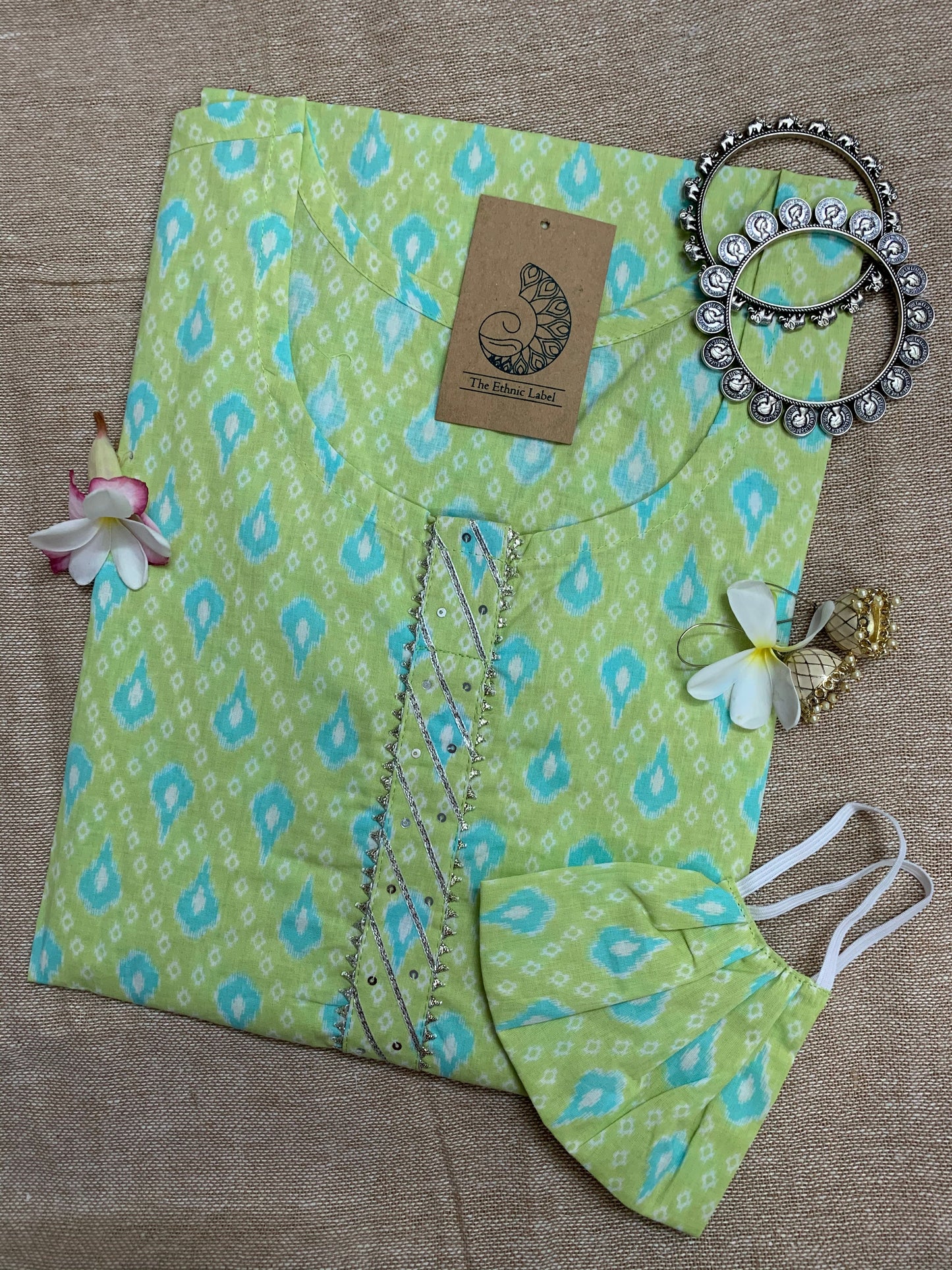 Hand Block Printed Green Blue Cotton Kurta