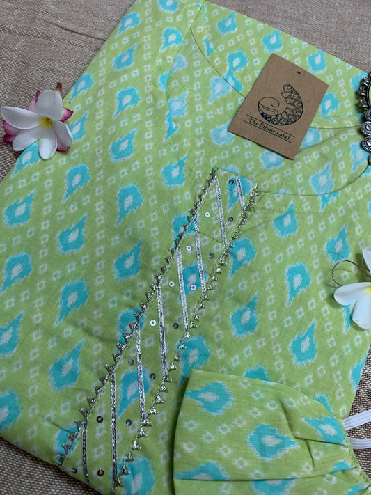 Hand Block Printed Green Blue Cotton Kurta