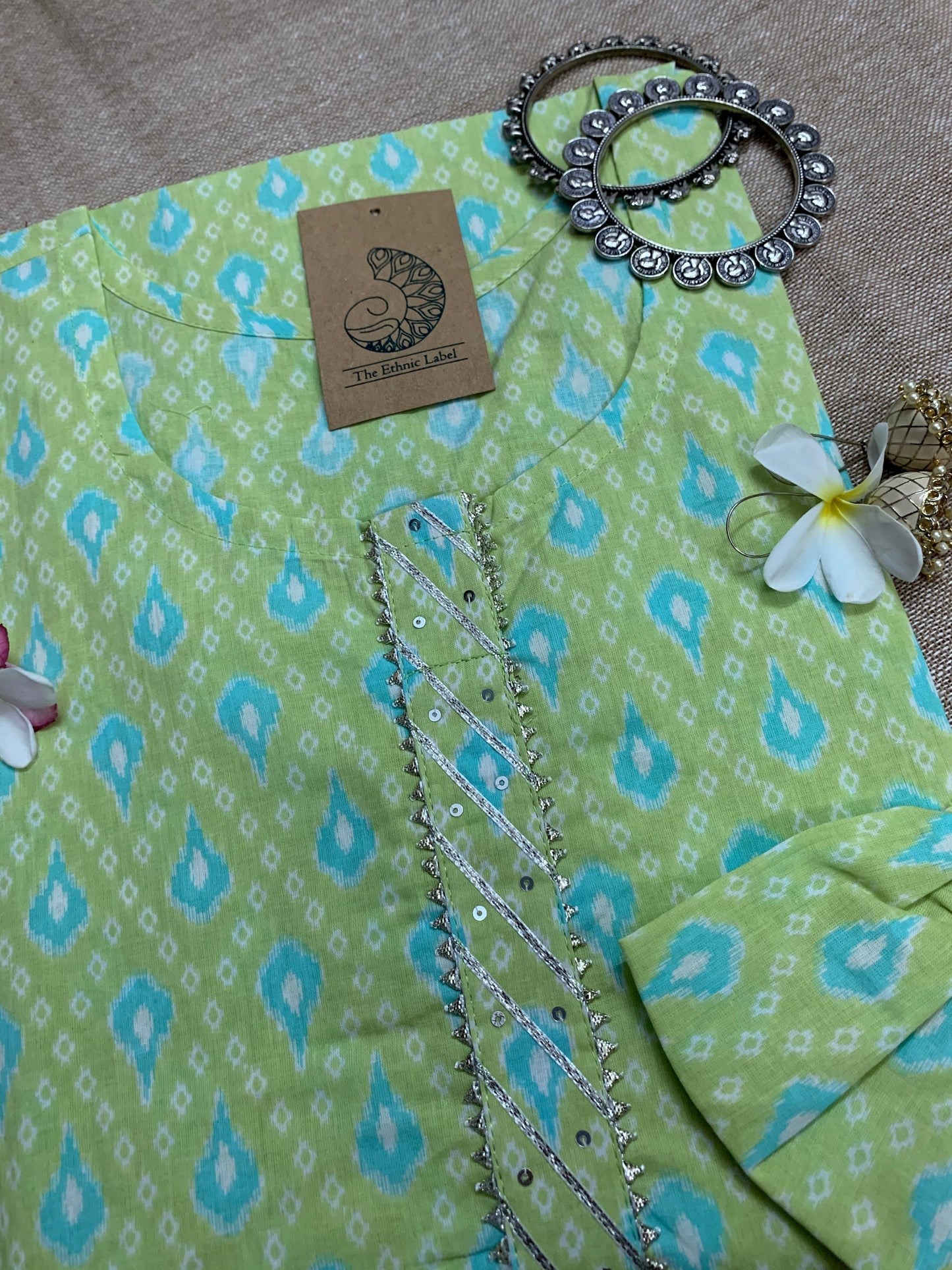 Hand Block Printed Green Blue Cotton Kurta