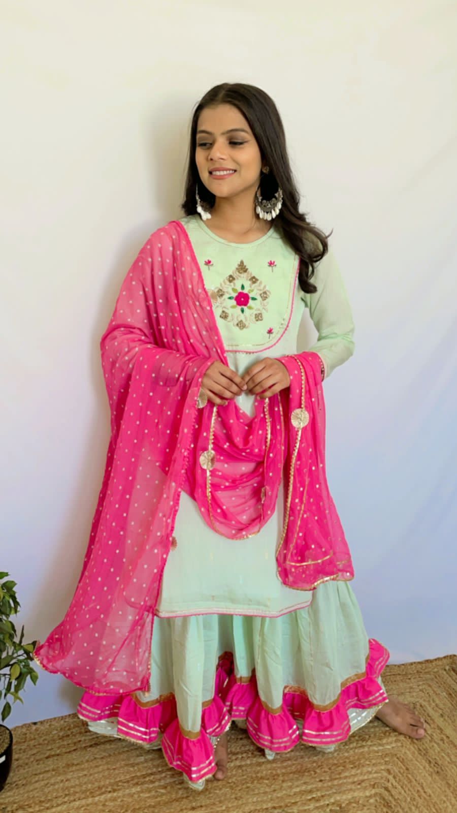 SALE: Soft Green & Fuscia Pink Handwork Sharara Suit (3 piece)