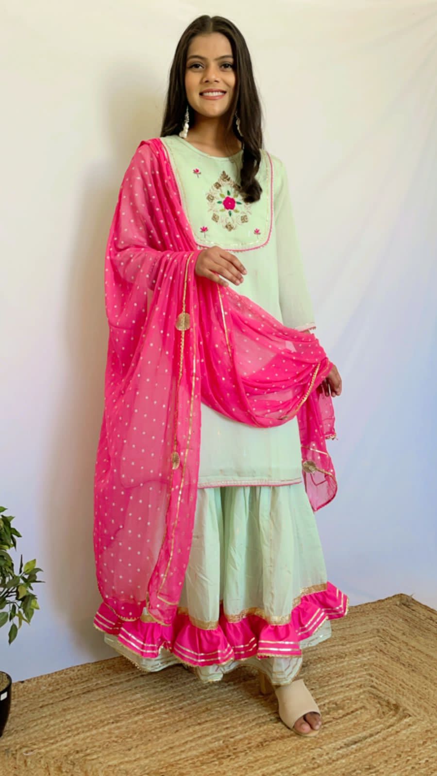 SALE: Soft Green & Fuscia Pink Handwork Sharara Suit (3 piece)