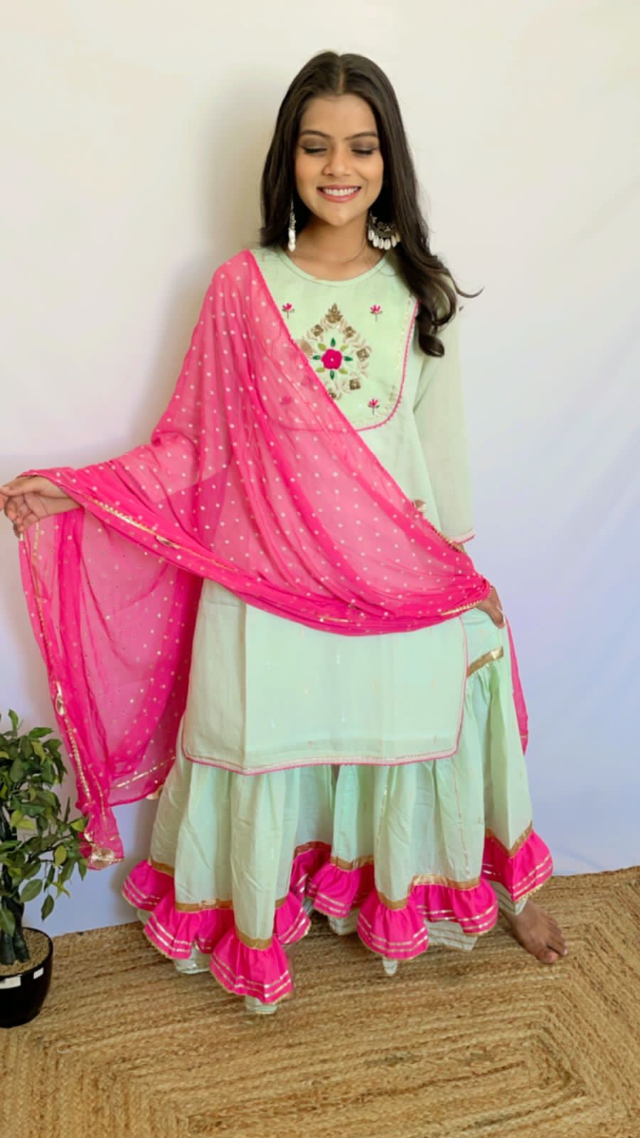 SALE: Soft Green & Fuscia Pink Handwork Sharara Suit (3 piece)