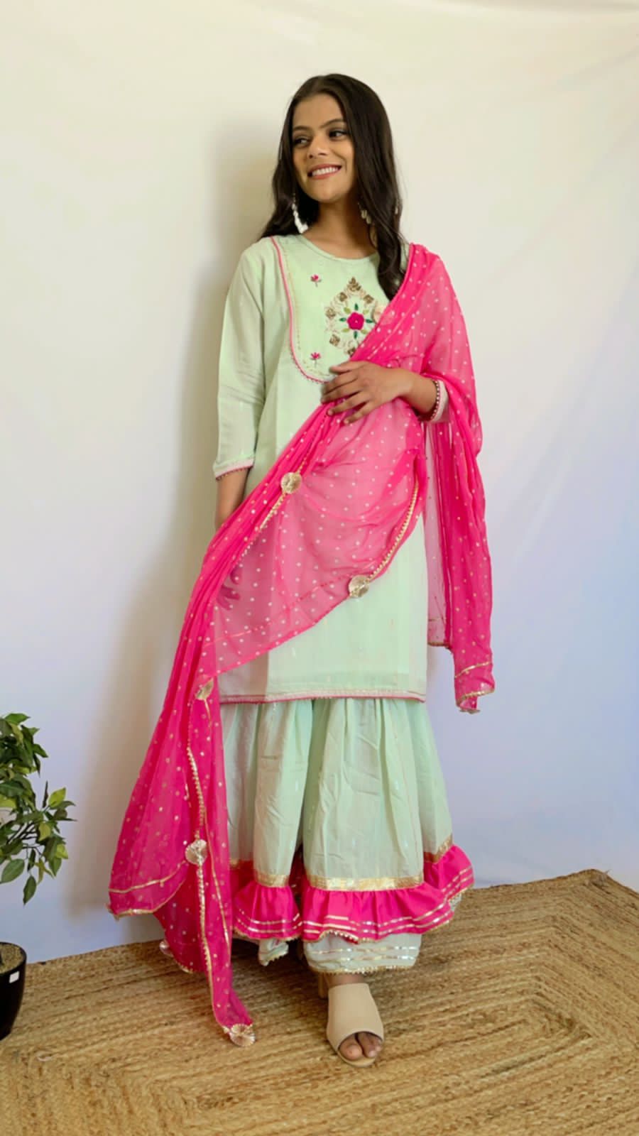 SALE: Soft Green & Fuscia Pink Handwork Sharara Suit (3 piece)