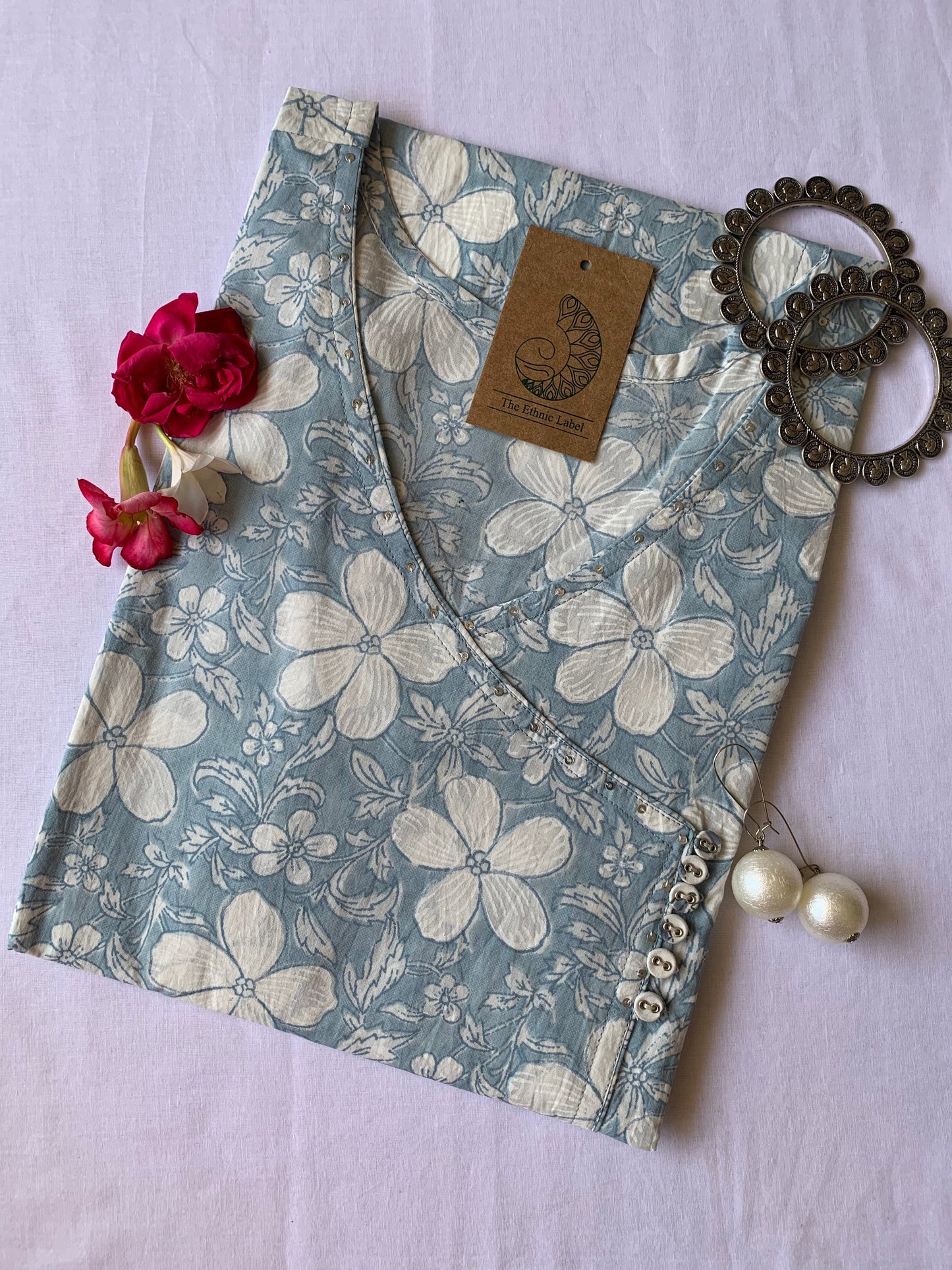 Grey "Lilly" Hand block printed Angrakha Cotton Kurta - Big Size