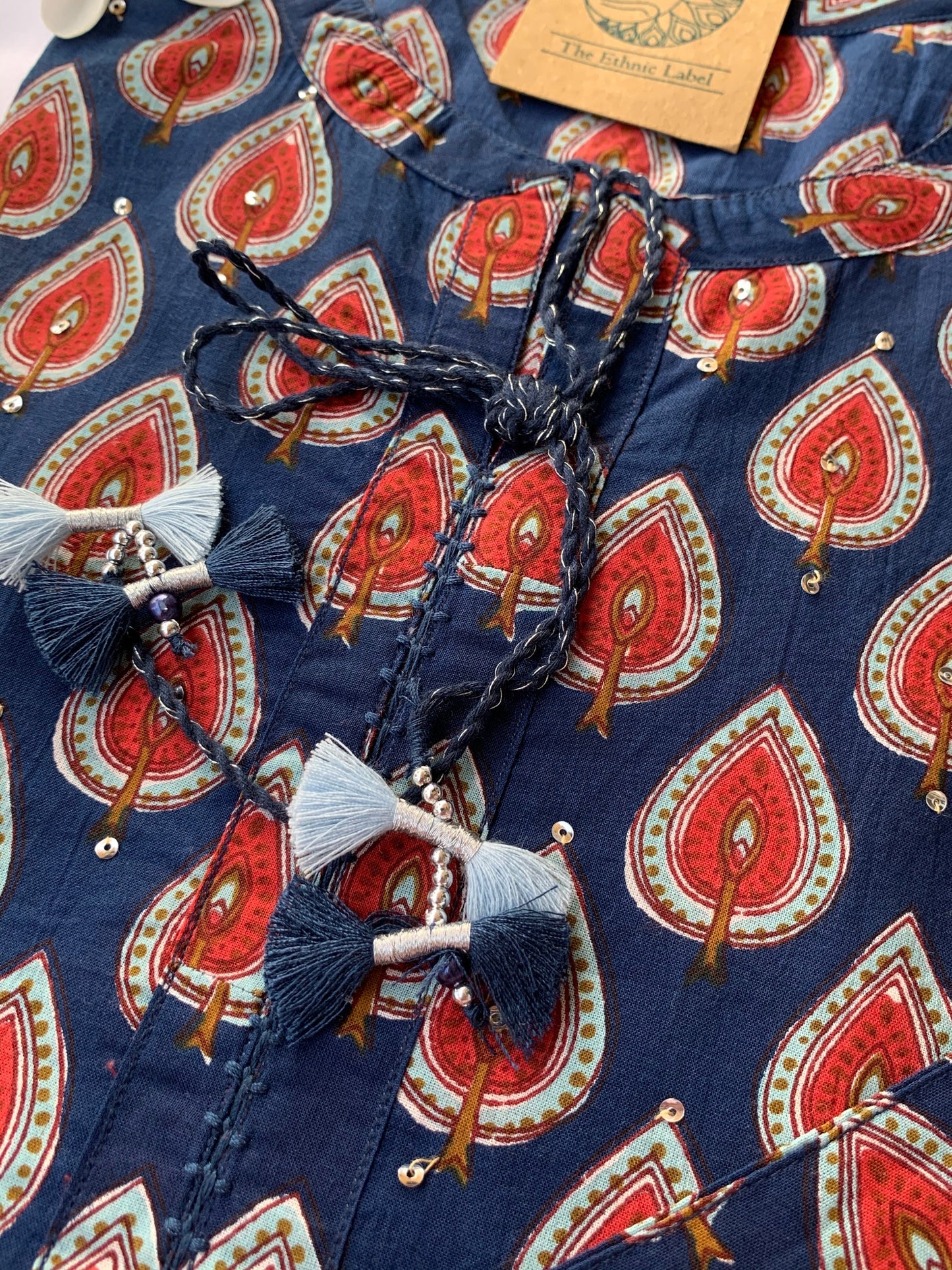Hand Block Printed Blue-Red Cotton Kurta - XL