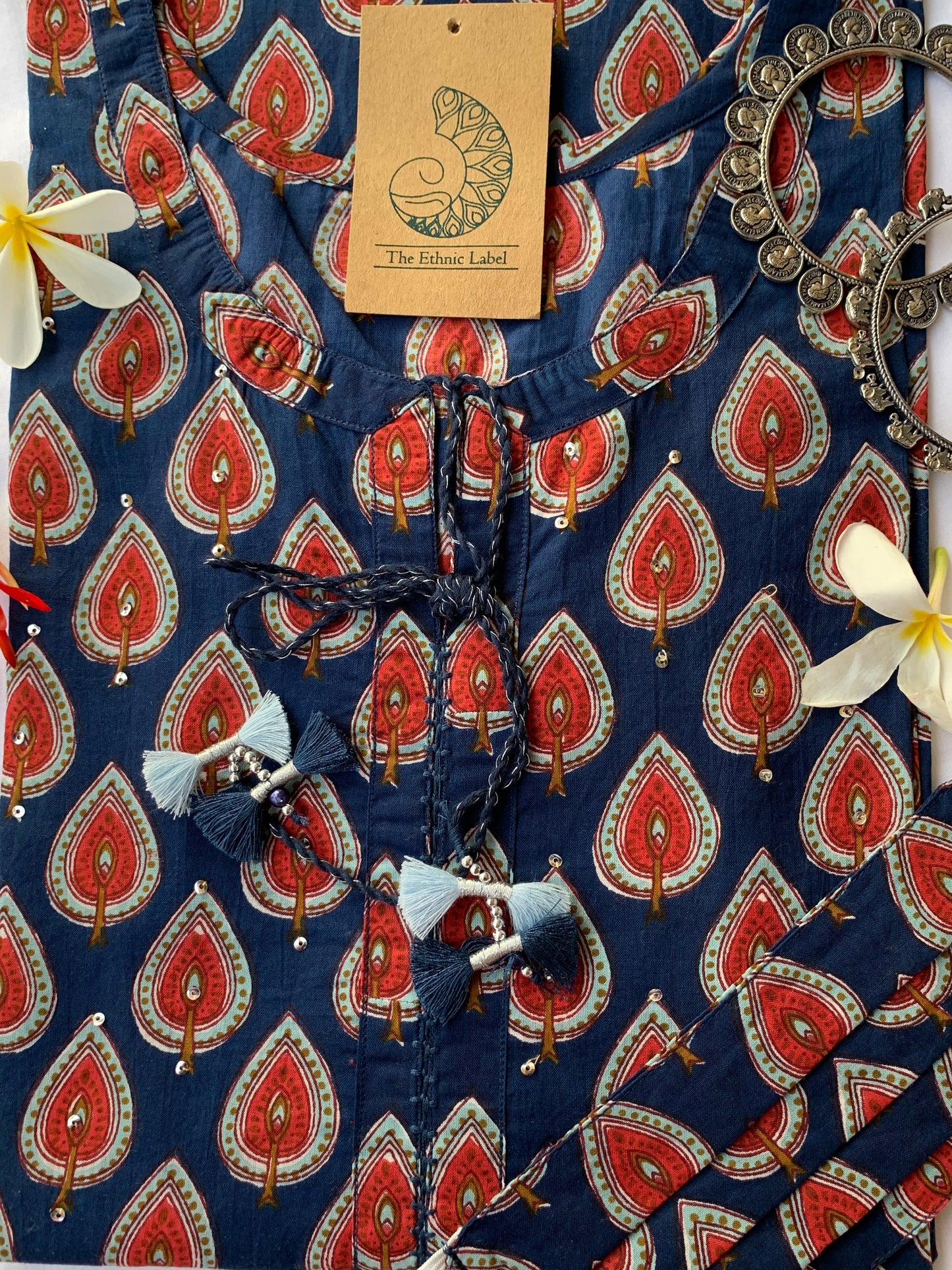 Hand Block Printed Blue-Red Cotton Kurta - XL