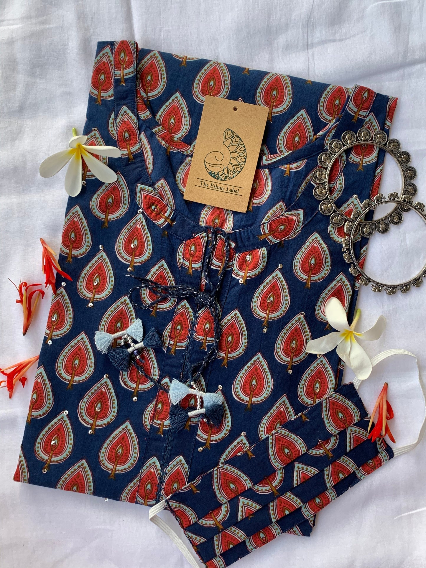 Hand Block Printed Blue-Red Cotton Kurta - XL