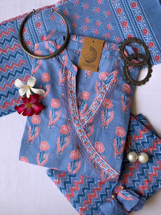 "Aaftab" Hand Block Printed Angrakha Kurta Set - 3pc