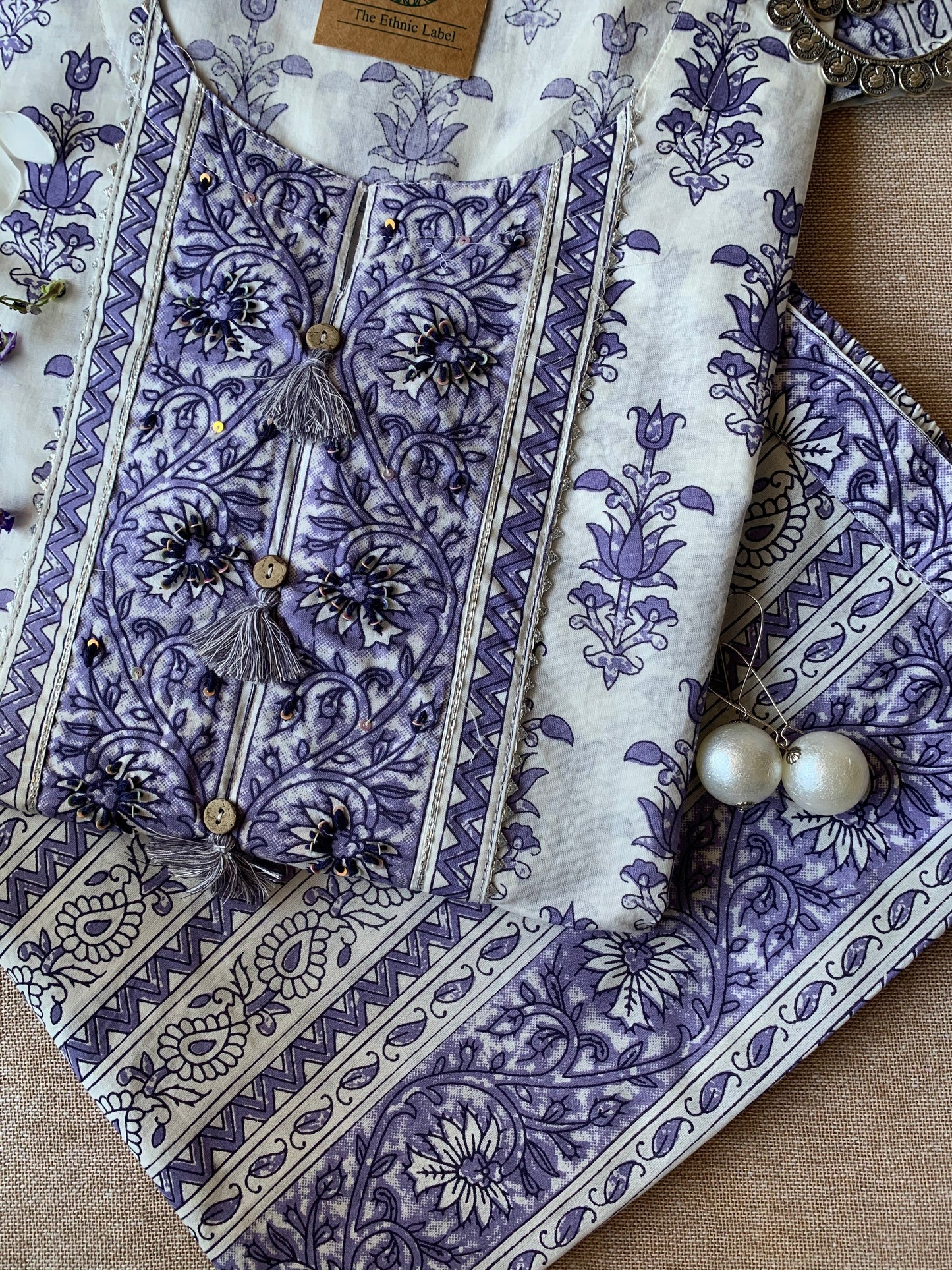 White Lilac Kurta Pant Set - 3 pc