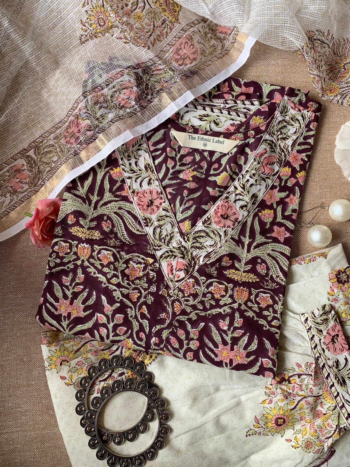 "Gul" Cotton Kurta Set with Afghan Pants and Kota Dupatta- 3pc